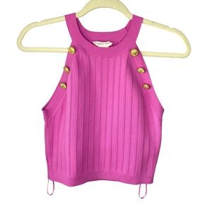 Happily Grey Pink Ribbed Halter Top Gold Anchor Button Trim XL